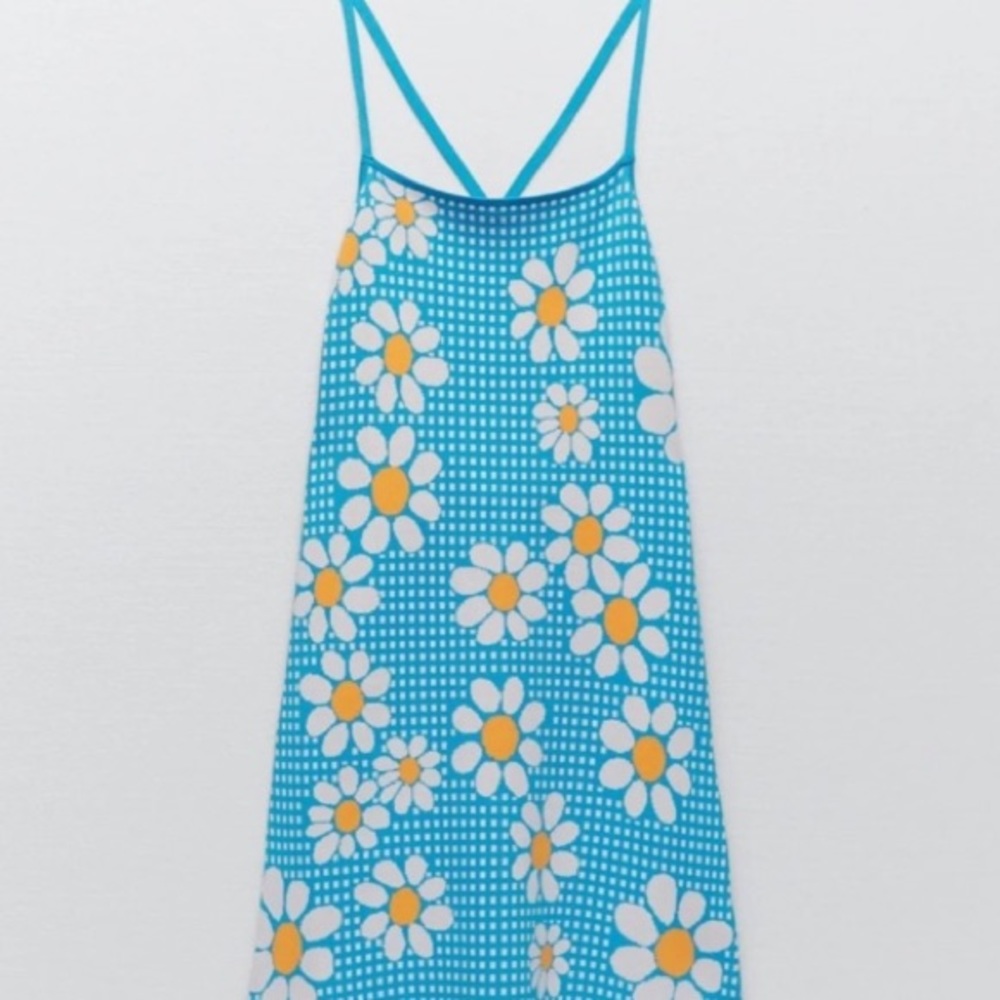 Zara Jacquard Daisy Print Knit Strappy Back Mini Dress NEW